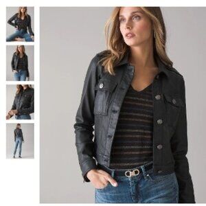 White House Black Market Black Coated Denim Cropped Pocket Jacket Size 4P